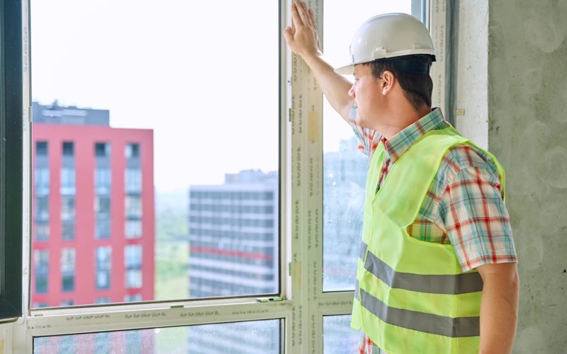 Portrait of young male industrial worker in safety vest helmet with working engineering architectural documents on construction. Construction repair renovation service development work concept