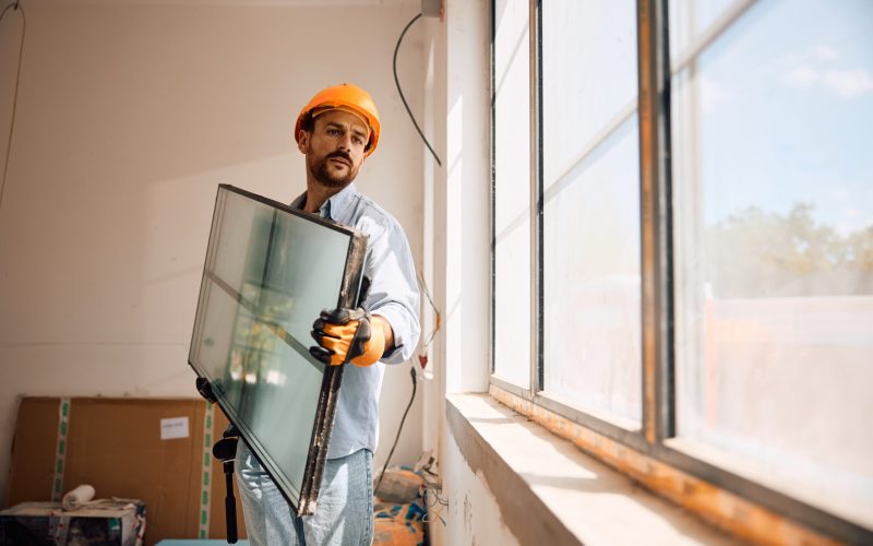 Construction worker instaling windows during house renovation. Copy space.