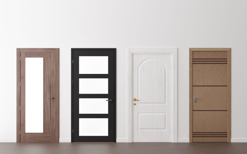 Various modern doors in empty room. Copy space for text, advertising. Production and trade of interior doors. Stylish internal door. Manufacture and sale. 3D rendering